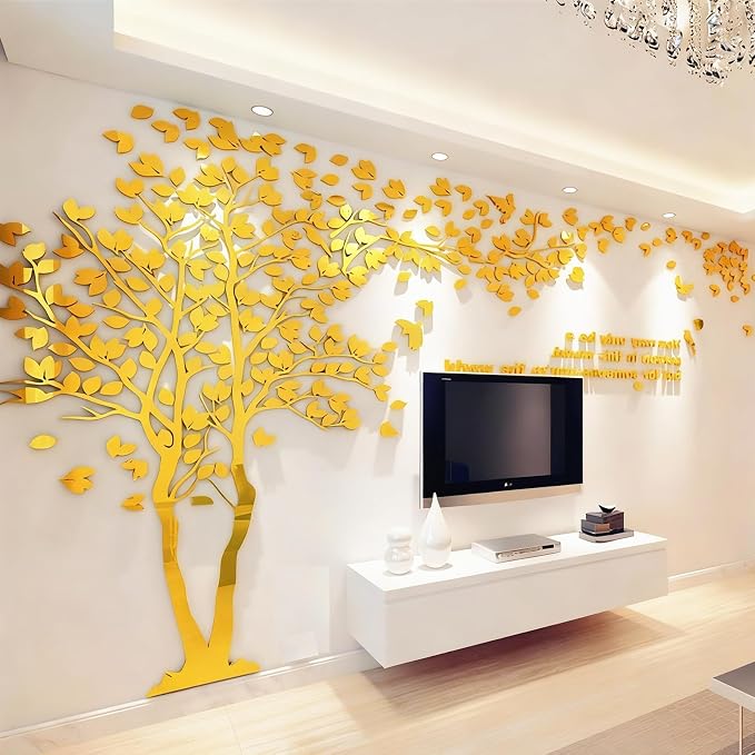 Family Tree Wall Decor Decals - DIY 3D Tree of Life Wall Art Large Decal Stickers Silver Decor Living Room Mural for Bedroom Hallway Home TV Background (Gold Left,L-118X60in) by guangmu