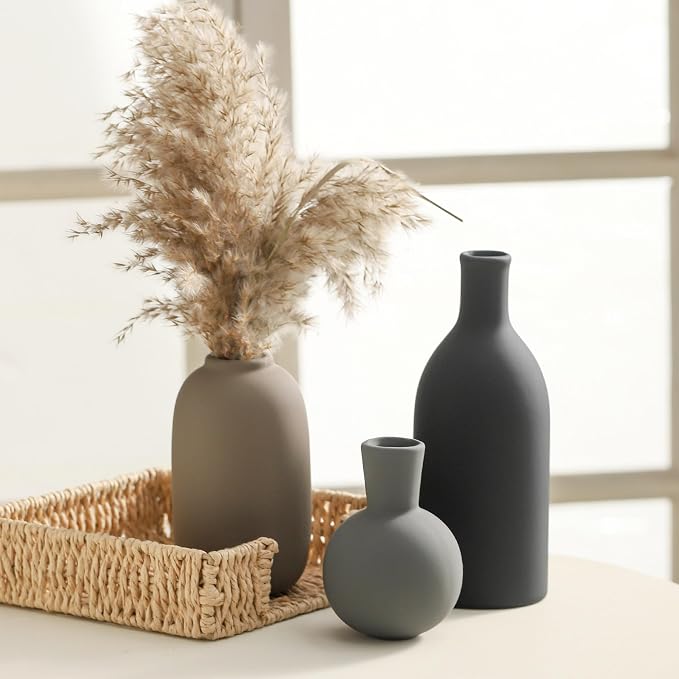 Ceramic Vase Set of 3, Rustic Farmhouse Vases Home Decor Pottery Pampas Vase Decoration Modern Neutral Flowers Vases for Room Decor, Entryway, Living Room, Table, Kitchen, Bedroom - Multicolor - Image 2