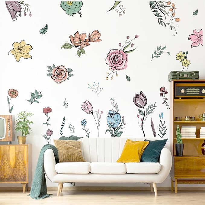 Large Boho Floral Wall Decals Watercolor Flower Wall Stickers for Bedroom Living Room, Removable Peel and Stick Wall Art for Girls Bedroom Living Room Nursery Dorm Room - Image 4