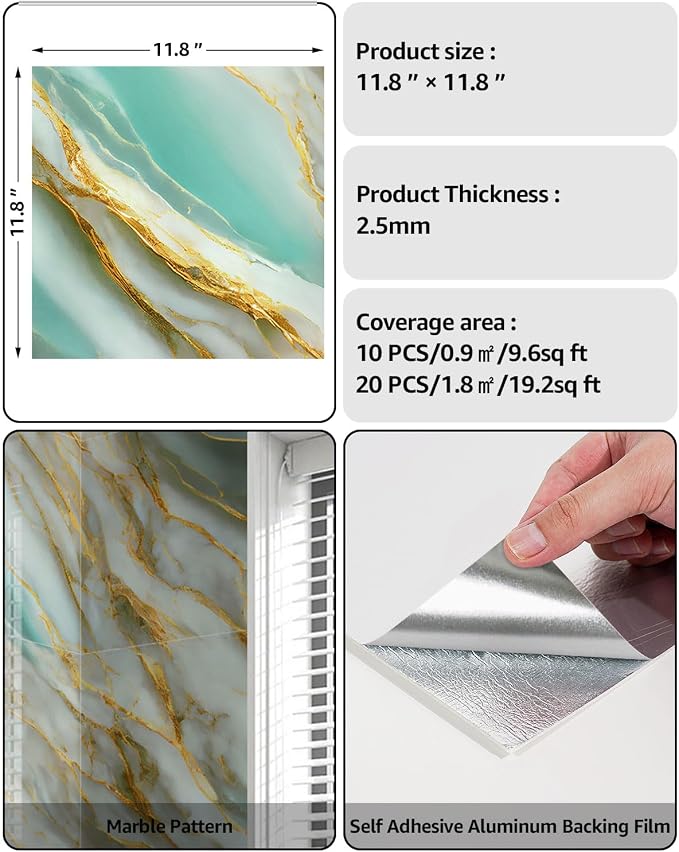 WADILE 20PC Waterproof Peel and Stick Wall Panels 11.8 x 11.8 Green | Marble look, Self adhesive, PVC Panels, Lightweight Foam Wall Panels, Bathroom, Kitchen, Not Real Tile - Image 2