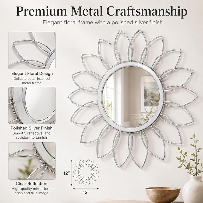 Silver Flower Mirror Set of 3, 3PCS Metal Round Decorative Wall Mirrors, Floral Petal Accent Mirror Wall Decor for Bathroom, Living Room, Bedroom & Entryway - Image 4