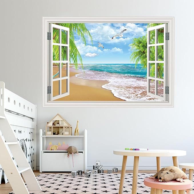 Fake Window Wall Decal- Summer Beach Ocean Coconut Trees Open Wall Sticker | Faux Window Natural Scenery Landscape Art Mural｜Stick and Peel Wall Decals｜for Room Bedroom Office Scene Picture Decor｜24"x16 - Image 7
