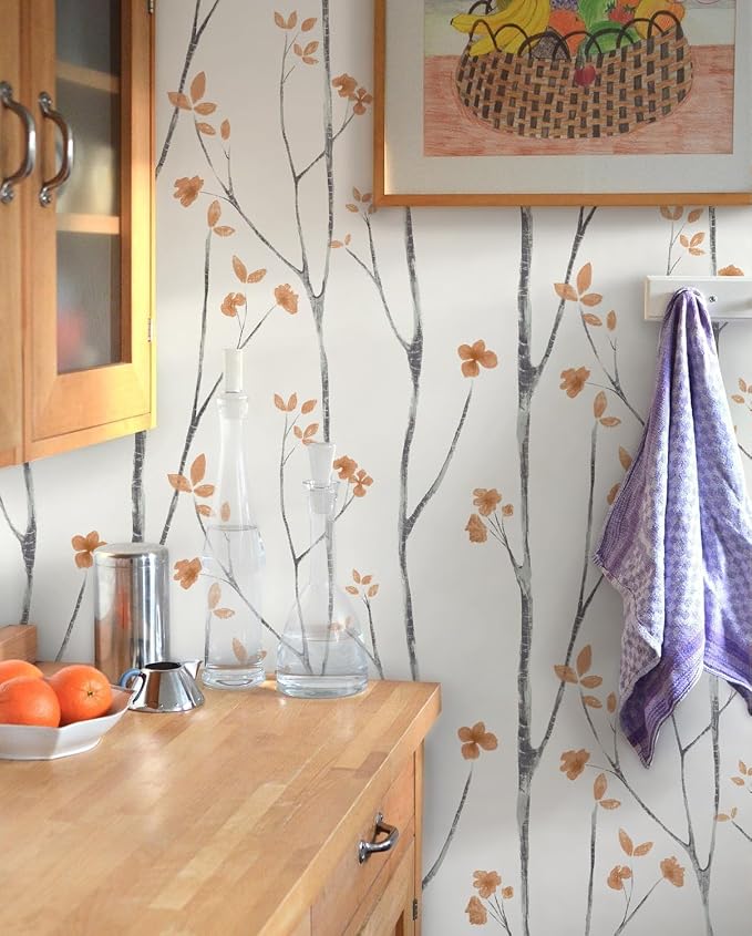 Timeet Peel and Stick Wallpaper White and Orange Floral Wallpaper Boho Leaf Contact Paper Self Adhesive Removable Wall Paper for Bedroom Bathroom Cabinet Wall Decoration 16"x197" - Image 5