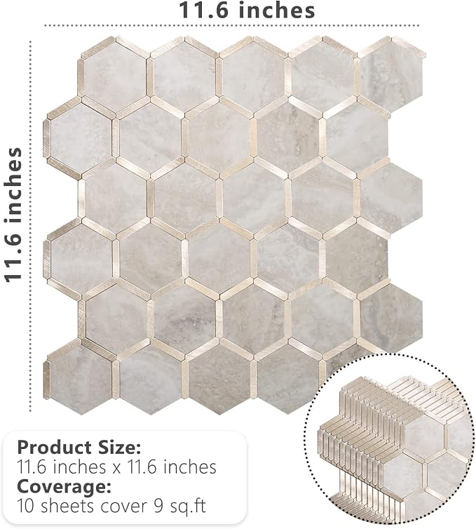 STICKGOO Hexagon Peel and Stick Backsplash Tile, Stick on Backsplash for Kitchen and Bathroom, Beige Marble Look PVC Mixed Metal Gold Self Adhesive Wall Tiles(6 Sheets, Seamless) - Image 6