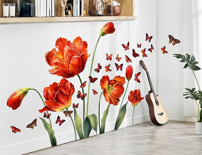 LiveGallery Large Pink Red Flowers Wall Stickers Removable Floral and Butterfly Wall Decal DIY Tulips and Green Leaf Vine Wall Decor for Kids Teens Girls Women Bedroom Nursery Living Room Decoration - Image 4