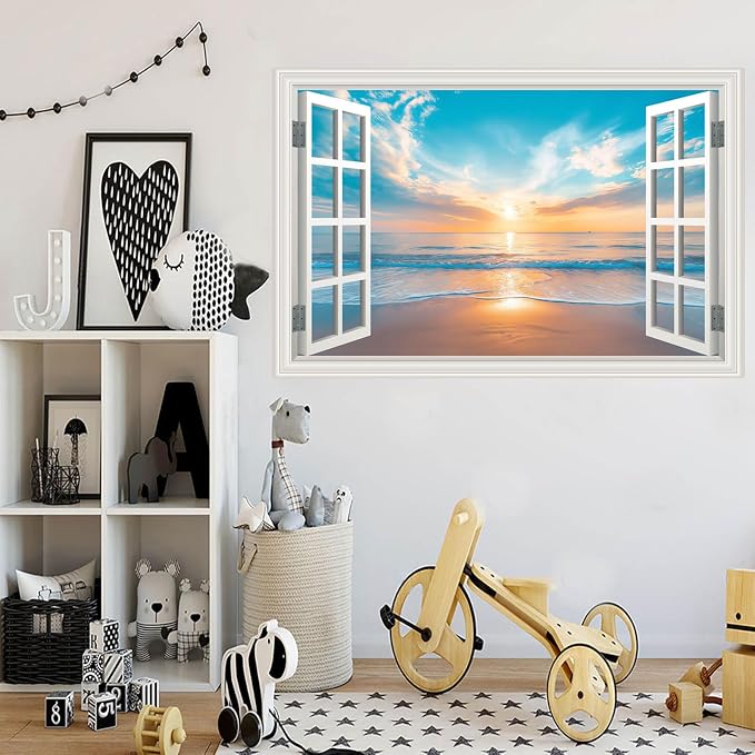Large Murals 66"x48" Fake Window Wall Mural Ocean Beach Seascape Faux Window Wall Cling Art Picture Office Poster Coastal Decals Decor, Stick and Peel Landscape Natural Scenery Sunset Coastal Scene - Image 9