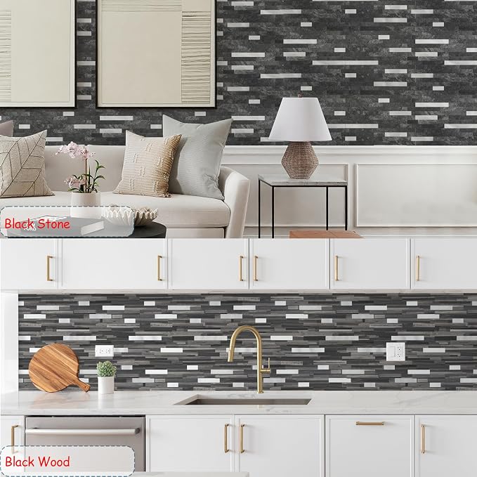 Yipscazo 20 Sheets Peel and Stick Stone Metal Tile Backsplash, Stick on Tiles for Backsplash Kitchen, Bathroom, Laundry Room, Camper, Fireplace (12'' X 12'', Pure Black) - Image 4