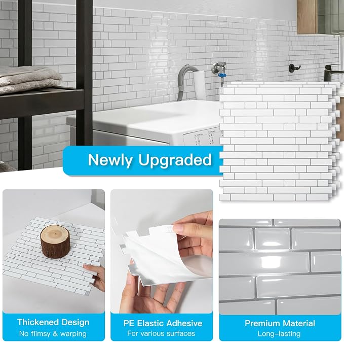 Art3d Linear Tile Peel and Stick Backsplash, 10-Pack, White with Gray Grout | 12 x 12 Inch, Enhanced Thickness, Warp Resistant, Strong Adhesion, Sturdy, for Kitchen, Bedroom, Ideal for Home Improvement - Image 5