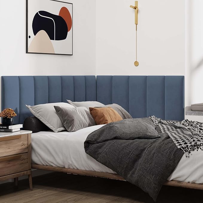 IFNOW Wall Mounted Headboard, Peel and Stick Panels, Navy Blue, Queen | Upholstered 3D Soundproof Acoustic Panels, Reusable and Removable, Padded Leather Bed Headboard, 9 Panels, 9.84" x 23.62" - Image 4