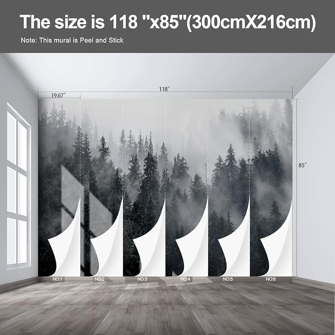 Misty Forest Landscape wall murals Woodland Tree Peel and Stick self Adhesive Wallpaper for Bedroom Living Room - 85"x118" - Image 2