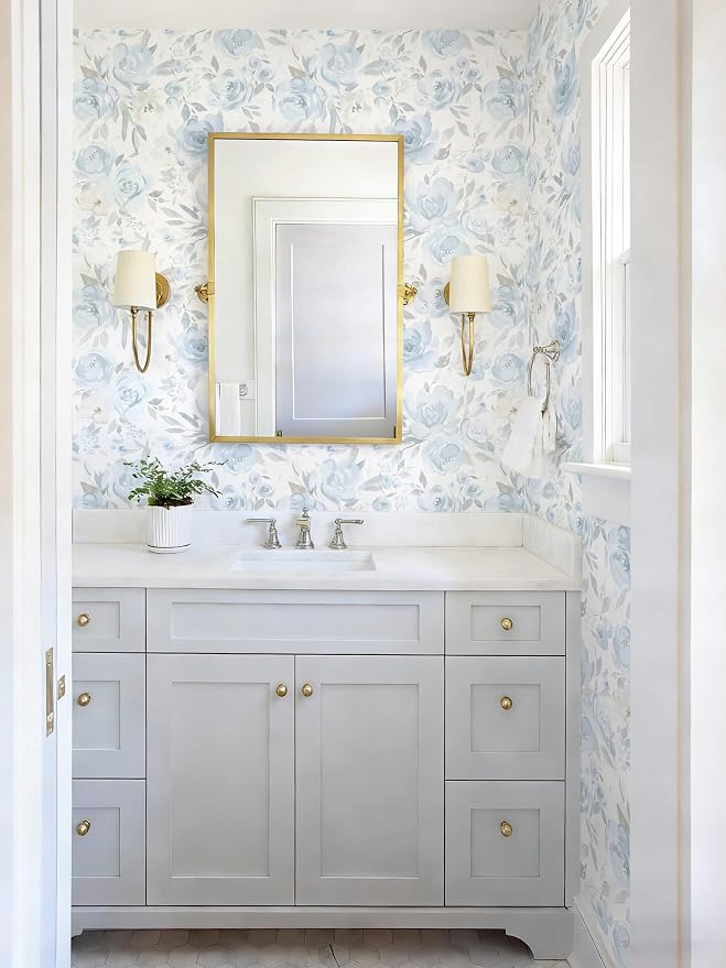 Ismoon Blue Floral Peel Stick Wallpaper Boho Watercolor Stick on Wall Paper | 17.3x78.7in Light Blue Contact Paper Removable Self Adhesive Vinyl Wallpaper for Bedroom Accent Wall Cabinet Decor - Image 8