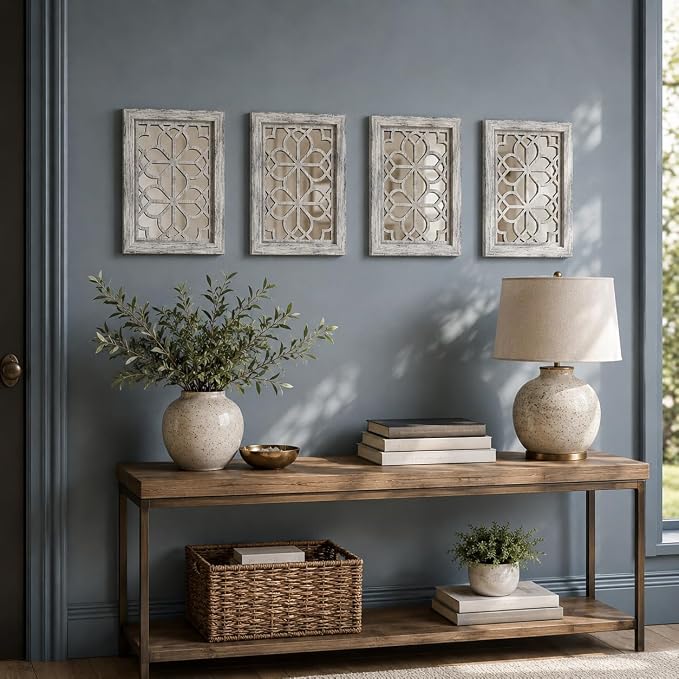 Set of 4 11x15 Inch Rectangular Shatterproof Grey Decorative Wall Mirrors, Boho Farmhouse Rustic Vintage Accent Mirrors for Living Room Bedroom Entryway & Home Decor - Image 3