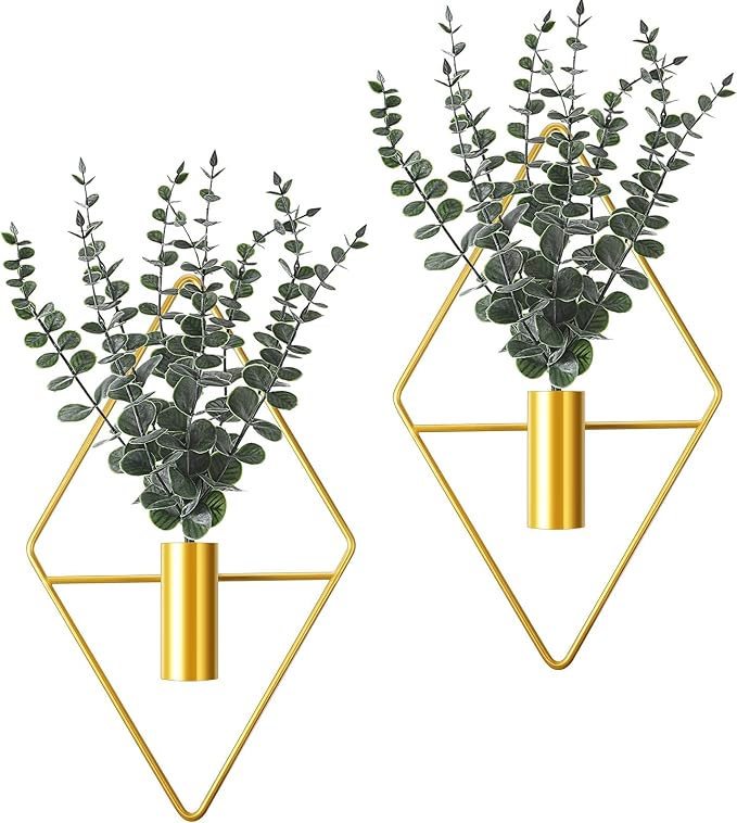 Jexine 8 Pcs Hanging Artificial Planters Wall Decor, Gold, Eucalyptus | Bathroom Wall Decor, Geometric Metal Vase, Indoor Plants, Living Room, Home Office, Entryway, Boho Accent, Wall Mounted by Jexine