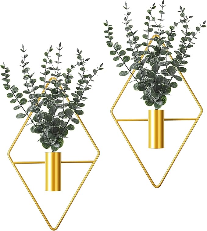 Jexine 4 Pcs Hanging Artificial Planters Wall Decor, Gold, Eucalyptus | Bathroom Wall Decor, Geometric Metal Vase, Indoor Plants, Living Room, Home Office, Entryway, Boho Accent, Wall Mounted by Jexine