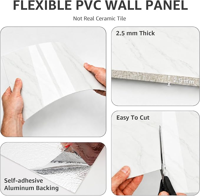 WADILE 20PC Waterproof Peel and Stick Wall Panels 11.8 x 11.8 Earl White | Marble look, Self adhesive, PVC Panels, Lightweight Foam Wall Panels, Bathroom, Kitchen, Not Real Tile - Image 8