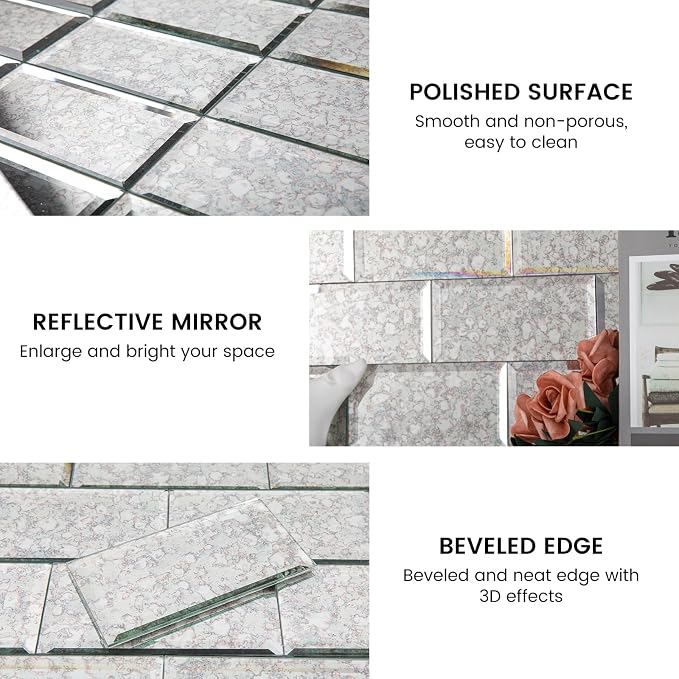 Peel and Stick Antique Mirror Subway Tile 3 x 6 Inch Beveled Mirror Tile for Kitchen Backsplash Bathroom Wall (40 Pcs) - Image 5