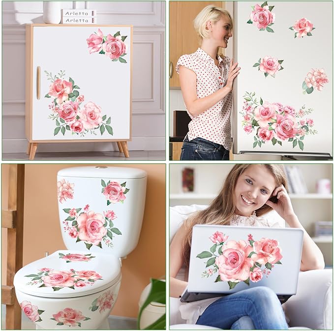 Pink Flowers & Green Leaves Wall Decals - Removable Peel & Stick Garden Floral Wall Stickers for Bedroom & Living Room - Image 6