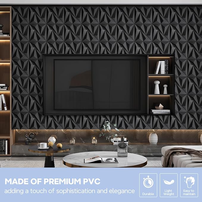 STICKGOO Black Diamond 3D Wall Panels, 12''x12'', 33 Pack | PVC Accent Wall Panels for Interior Wall Decor, Living Room, Bedroom, TV Background, Lobby, Cover 32.Sq.Ft - Image 9
