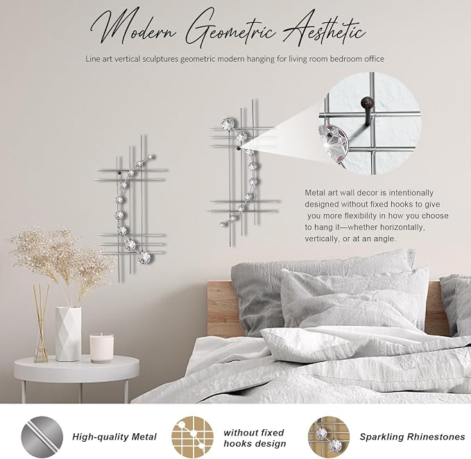 ZEXUIRU 2 Pcs Abstract Metal Art for Wall Decor Living Room Bedroom Bathroom Office Metal Bling Modern Geometric Hanging Vertical Small Iron Sculpture Plaque Pack -Silver 15.7in - Image 4