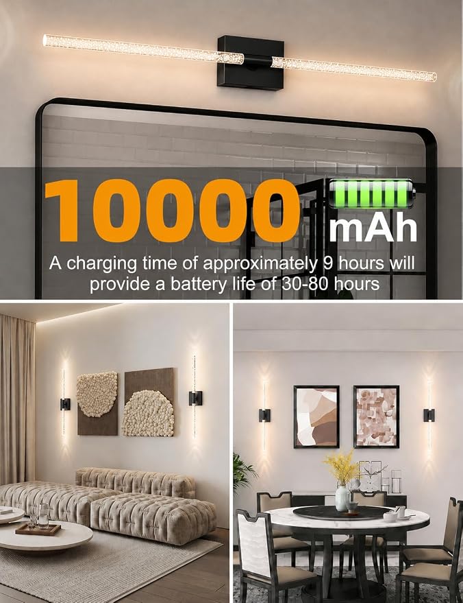 Crystal Bubble Rechargeable Wall Sconces Set of 2, Wireless Modern Lights | 10000mAh, Remote Control, 3000K-6000K Dimmable, 360° Adjustable, Ambient Lighting for Living Room, Bedroom, Picture, Bathroom - Image 2