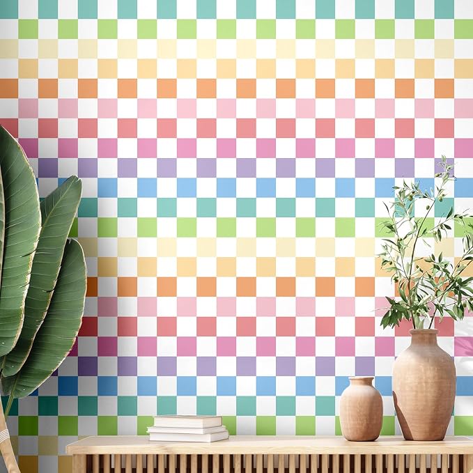 Drydiet Checkered Peel Stick Contact Paper Rainbow Color 15.75'' X 118" | Waterproof Self-adhesive Tile for Bathroom, Cabinet Walls, Vintage Gingham Funky Decor, Removable Peel off Wallpaper - Image 3