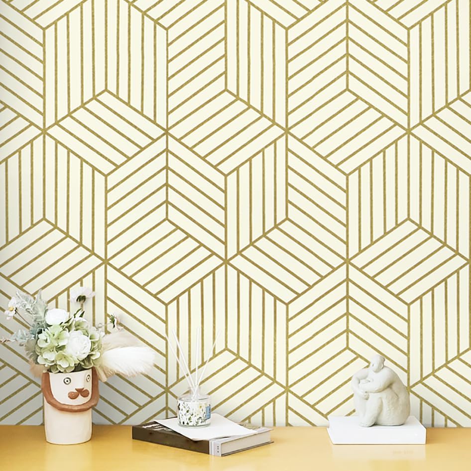 CiCiwind Beige and Gold Peel and Stick Wallpaper Gold Striped Hexagon Contact Paper Removable Self Adhesive Wall Paper Geometric Waterproof Vinyl for Wall Cabinet Shelf Drawer Decor 15.7"x472" by CiCiwind