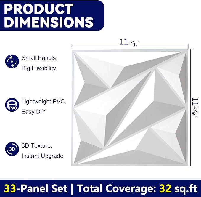 3D Wall Panels White PVC Wall Panels for Interior Decor 12"x12" | 3D White Wall Panels for Living Room, Bedroom, Gaming Room Decor, Lobby Office Accent Walls, 33 Pack Covers 32.Sq.Ft. - Image 3