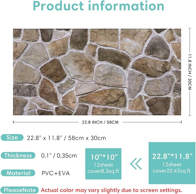 Commomy Faux Stone Peel and Stick 3D Wall Panels 10 Pcs 11.8" x 11.8" | Ultralight Thin PVC Printable Faux Rock Wall Covering Decorative Tiles for Living Room,Fireplace(Covers 22.8 sq.ft) - Image 6