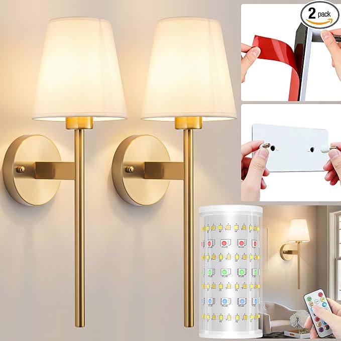 Nekhung Battery Operated Wall Sconce, Peel and Stick Sconces Set of 2 | Wireless Adhesive Stick On Wall Sconce, 10000mAh Rechargeable RGB Bulb with Remote, No Drill Wall Light for Bedroom Decor by Nekhung