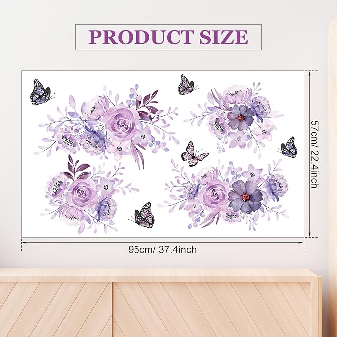Zonon 6 Pcs Flower Wall Decals Peel and Stick Sticker, Flower and Butterfly | Vinyl Removable Wall Stickers & Mural, Rose and Butterfly Wall Decals, Purple Floral Decor for Bedroom, Living Room - Image 6