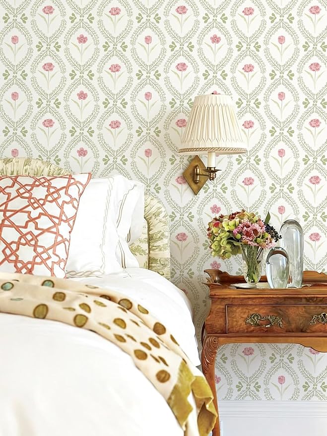 Orainege Peel and Stick Wallpaper Floral Wallpaper 16.9in x118.1in | Green Pink Leaf Contact Paper Vinyl Waterproof Self Adhesive Boho Botanical Wall Paper for Bedroom Shelf Cabinet Decor - Image 2
