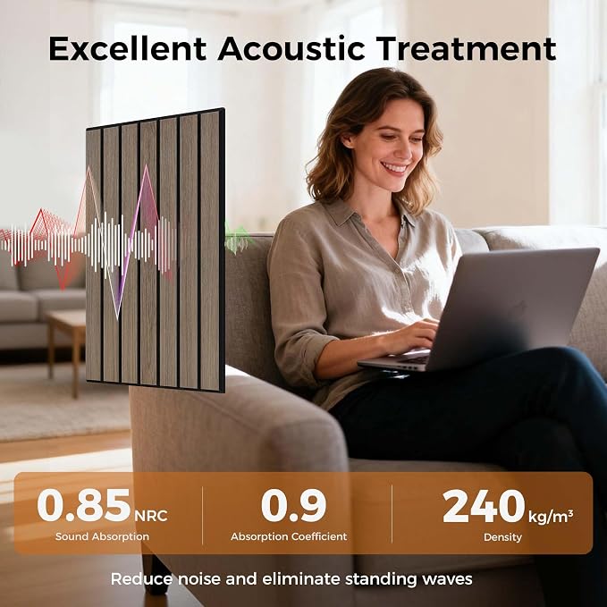 TO-TH Soundproof Panels Self-Adhesive Acoustic Wall Panel 12 Pack, Walnut | PVC Wood Grain Finish, Peel and Stick Wall Panels, 11.8"x15.7"x0.35", 100%Polyester Fiber, Wall Panel for Interior Wall Decor - Image 3
