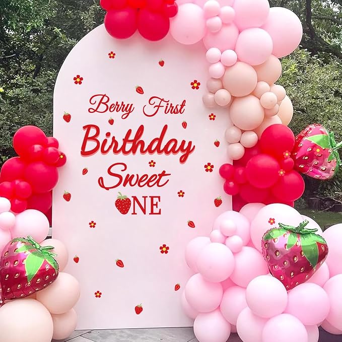 LHIUEM Berry First Birthday Sweet One Decals Baby Girl Sweet Stickers Gift 1st Strawberry Theme Decorations Red Berry Strawberry One First Happy Birthday Party Supplies for Balloon Arch Photo Backdrop - Image 2