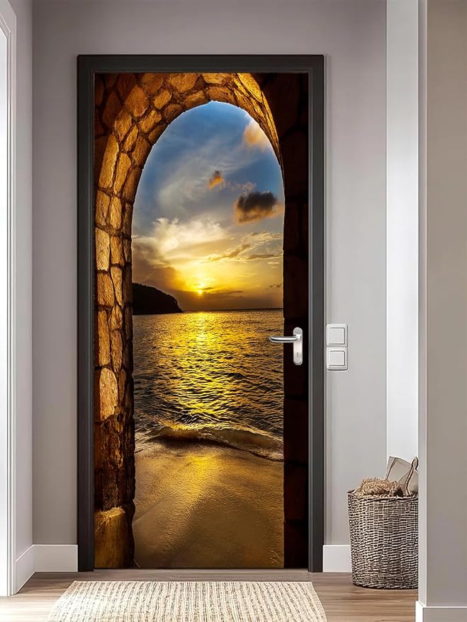 artfanke 3D Door Sticker Peel and Stick 33.5"x84.6"-Self-Adhesive Door Murals Wallpaper - Sunset Beach Arch Ocean Wall Decals Waterproof for Bedroom Decor (2 Sheets/Set) - Image 2
