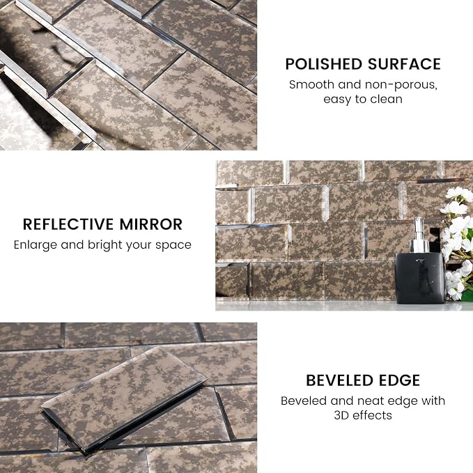 Brown Antique Peel and Stick Mirror Subway Tile 3 x 6 Inch Beveled Mirror Tiles for Kitchen Backsplash Bathroom Wall Pack of 40 Pieces - Image 5