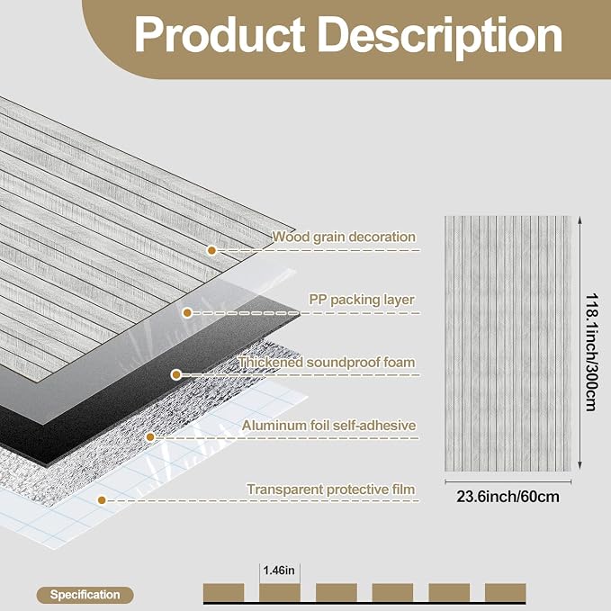 Chejiaye Peel and Stick 3D Wall Panel -23.6"x118"Soundproof Self-Adhesive Wall Sticker, Removable Thick PVC Slat Contact Paper for Kitchen Bedroom,Ceiling Wall Decoration Wood Grain (Light Grey) - Image 4