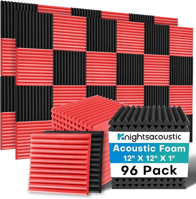 96 Pack Sound Proof Foam Panels for Walls, 1 X 12 X 12 Inches Acoustic Foam Panels, High Density Acoustic Panels Sound Absorbing, Noise Cancelling Studio Wedges Red + Black (NOT INCLUDE ADHESIVE) by Knightsacoustic