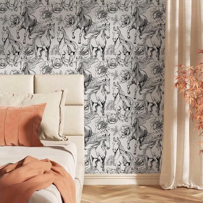 Black and White Peony Floral Horse Modern Peel and Stick Wallpaper Wall Decor Self Adhesive Wall Paper Stick on Easy Peel Off Contact Paper for Renter Bedroom Apartment - Image 2