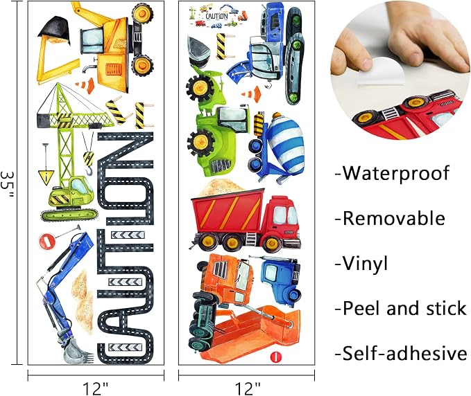 Mfault Baby Boys Construction Caution Vehicle Wall Decals Stickers | Large Trucks Tractor Excavator City Nursery Playroom Decorations Kids Room Art, Classroom Bedroom Home Decor Birthday Gift - Image 2