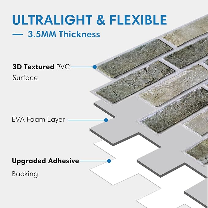 COMSTICKC 3D Faux Brick Wall Panels Peel and Stick Decorative Tiles Sticker | Vintage Green-Gray, 10 Pcs 15.7" x 11.8", Not Real Brick, PVC Fake Brick Tiles for Easy DIY Interior Decor, Cover 12.9 sq ft - Image 4