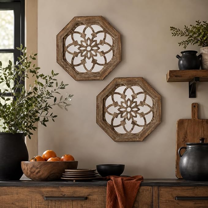 2 Pack 12 Inch Octagon Maroon Rustic Wood Frame Acrylic Wall Mirrors, Farmhouse Boho Wall Art Decor for Living Room, Bedroom, Hallway, Entryway, Bathroom & Office - Image 5