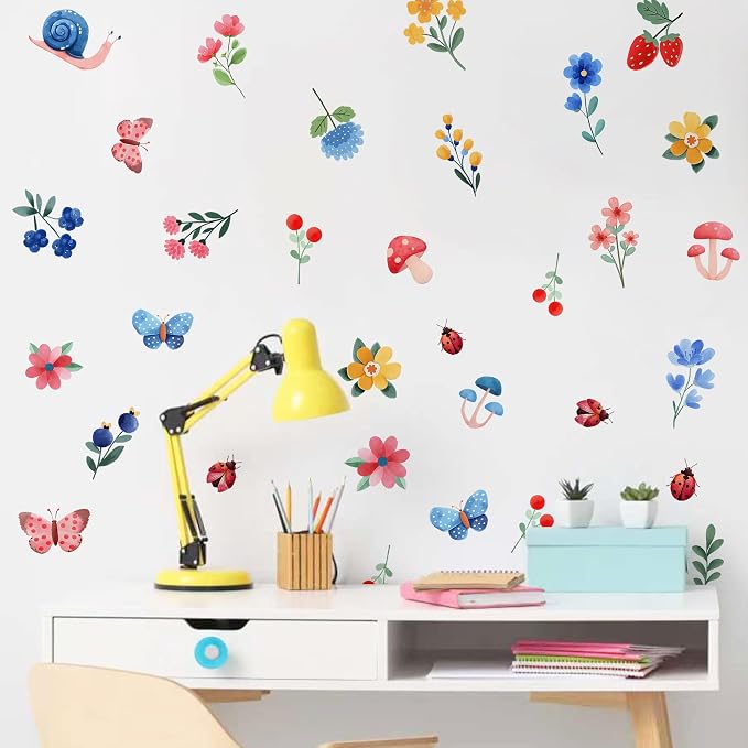 Flowers Wall Decals - Peel and Stick Cute Flowers, Plants and Small Animals Wall Stickers, Removable Bright Colors Floral Wall Decor for Kids Bedroom, Living Room, Nursery Decor Wall Corner Decor by Unknown