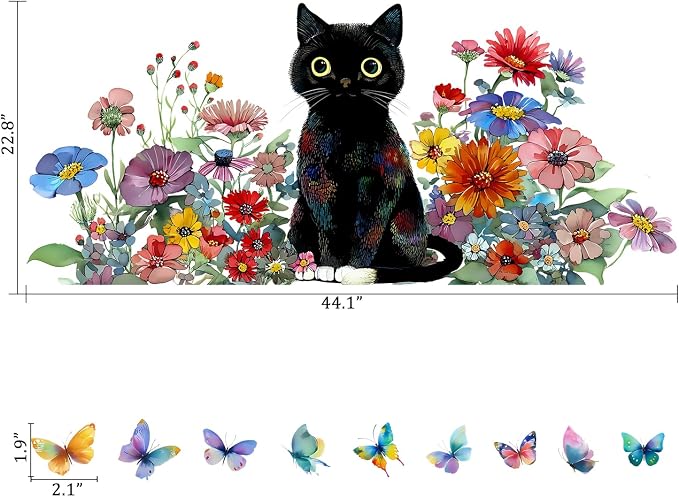 Black Cat Floral Flower Butterfly Watercolor Removable Wall Decals Decor | Watercolor wildflower butterflies peel and stick vinyl wall stickers & murals for bedroom living room classroom office - Image 2