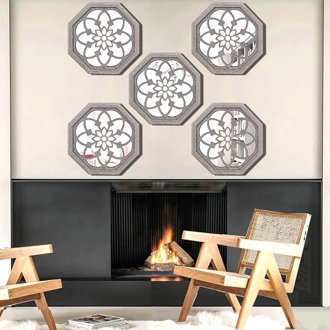 ZOLAPI 2 PCS Octagon Wall-Mounted Mirrors,Vintage Farmhouse Mirror for Wall Decor,Barn Wood Color Decorative Accent Mirror for Foyer, Bathroom, Bedroom. (12”x12”) - Image 5