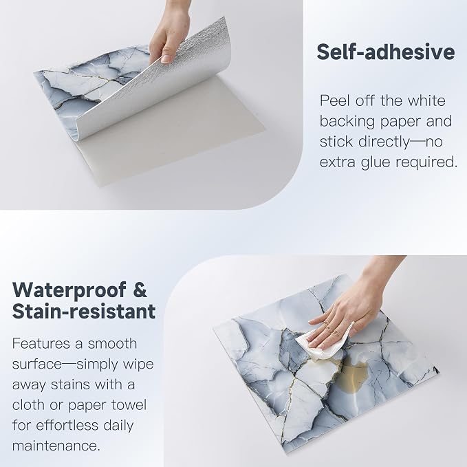 20pcs Blue Marble Peel and Stick Shower Wall Panels 11.8"x11.8" | (Total 19.4 Sq.Ft.) Faux Stone,Slate Blue,Waterproof,Backsplash Tile,Stick on Wall,for Bathroom,Bedroom,Kitchen - Image 5