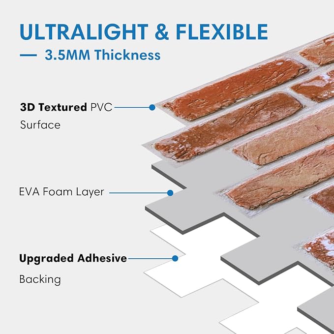 COMSTICKC 3D Faux Brick Wall Panels Peel and Stick, 12 Pcs 22.8" x 11.8" | Not Real Brick, Ultra-Light Thin PVC Wall Sticker, 3D Fake Brick Tiles Wall Covering for Interior Decor, Cover 22.48 sq ft - Image 4