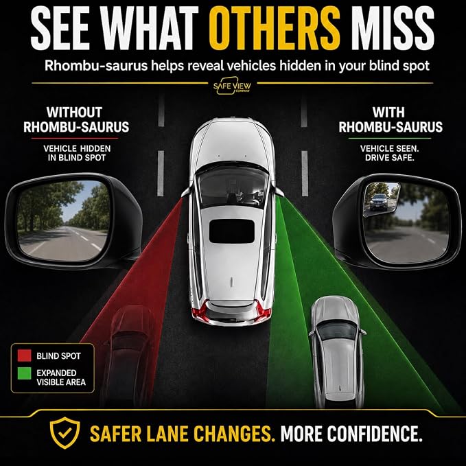 "Rhombus 4000" Car Blind Spot Mirror by Safe View Company - Change Lanes w Confidence, Frameless HD Convex Glass, Seamlessly Contours to Rear View Side Mirrors, Peel & Stick (2Pack) - Image 4