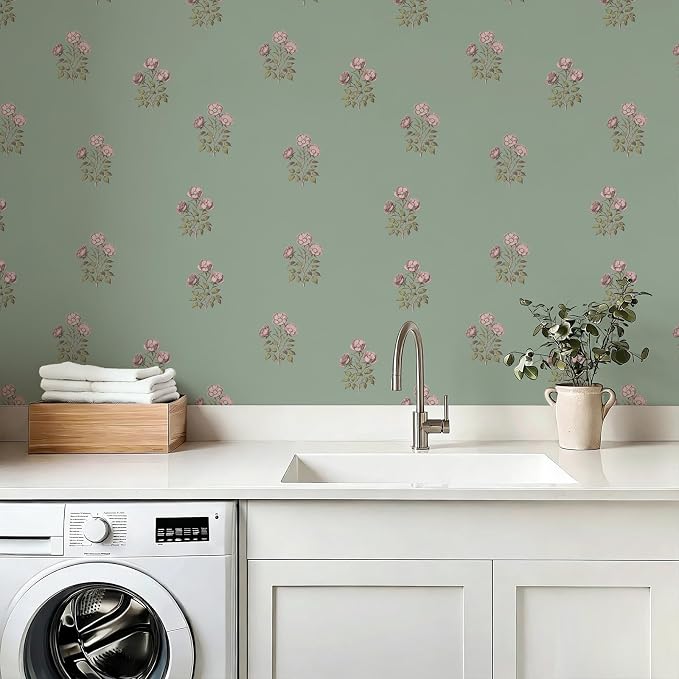 17.3" x 118.1" Vintage Floral Wallpaper Peel and Stick Boho Wallpaper Removable Waterproof Green Rose Pattern Contact Paper for Bedroom, Bathroom, Home Wall - Image 6