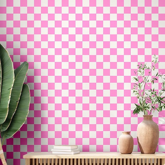 Drydiet Pink Checkered Peel and Stick Wallpaper15.75'' X 197" | Plaid Funky Checkered Contact Paper, Waterproof Contact Wallpaper, Vintage Gingham Decor for Room Bathroom Cabinet, Trendy by Drydiet