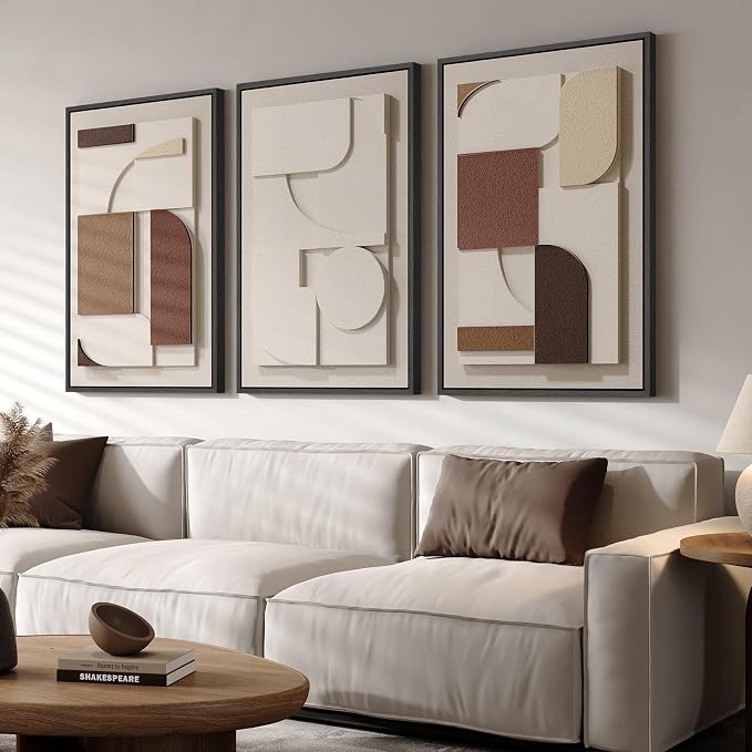 3D Textured Large Framed Neutral Abstract Wall Art for Living Room, 3 Piece | Wood Frames, Brown and Cream Sandstone Paintings, Modern Artwork for Walls, Geometric Sculptural Pictures Wall Decor Bedroom - Image 4